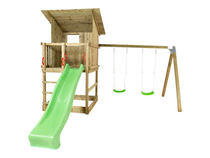 Plus Play Spielturm mit Dach, Schaukelbalken und grüner Rutsche 460 x 395 x 283 cm