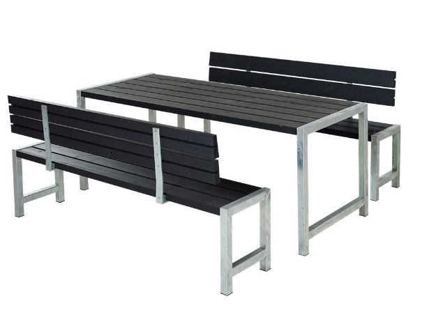 Plus Plankengarnitur 186 cm mit Tisch, 2 Bänken und Rückenlehnen schwarz