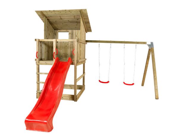 Plus Play Spielturm mit Dach, Schaukelbalken und roter Rutsche 460 x 395 x 283 cm