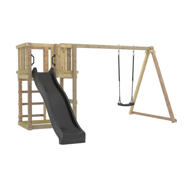Plus Spielturm mit Schaukel und grauschwarzer Rutsche 375 x 375 x 194 cm PEFC