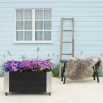 Plus Cubic rollender Blumenkasten 87 x 50 x 45 cm schwarz Ambiente Terrasse mit hellblaum Holz und Heckenrsen