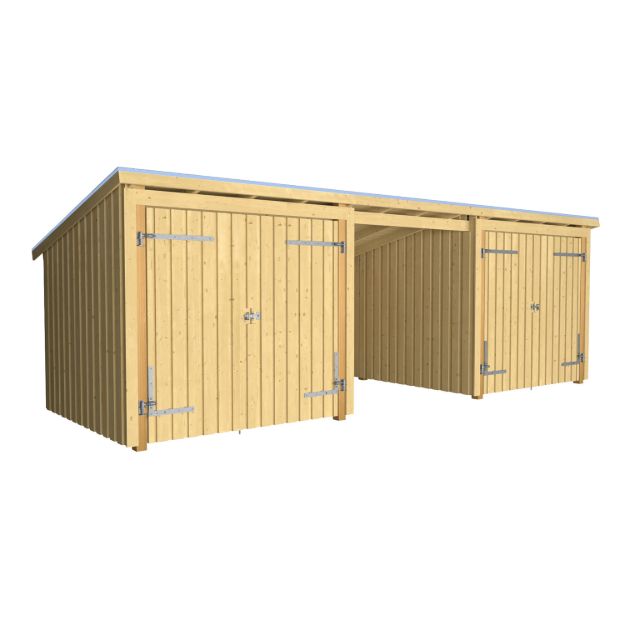 Plus Gartengebäude Nordic Multihaus zwei Doppeltore aussen 635 x 218 cm komplett mit Dachpappe und Aluleisten