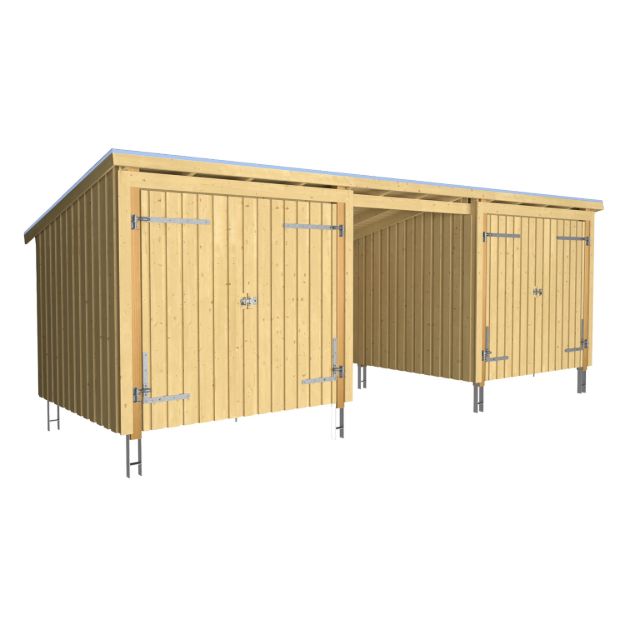 Plus Gartengebäude Nordic Multihaus zwei Doppeltore aussen 635 x 218 cm Bausatz komplett mit Dachpappe, Aluleisten und Bodenanker