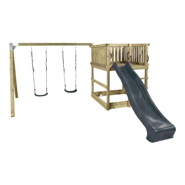 Plus Play Spielturm mit Schaukelbalken und grauschwarzer Rutsche 460 x 395 x 200 cm