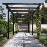 Plus Doppelpergola drei Module schwarz mit Tokyo-Zaun 664 cm