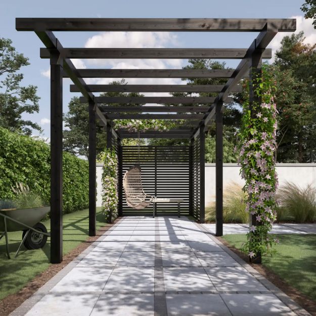 Plus Doppelpergola drei Module schwarz mit Tokyo-Zaun 664 cm