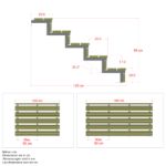 Technische Zeichnung einer 5-stufigen Außentreppe mit 34 Grad Steigungswinkel aus verzinktem Stahl für Balkon und Terrasse.