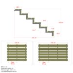 Technische Zeichnung einer 6-stufigen Außentreppe mit 34 Grad Steigungswinkel aus verzinktem Stahl für Balkon und Terrasse.
